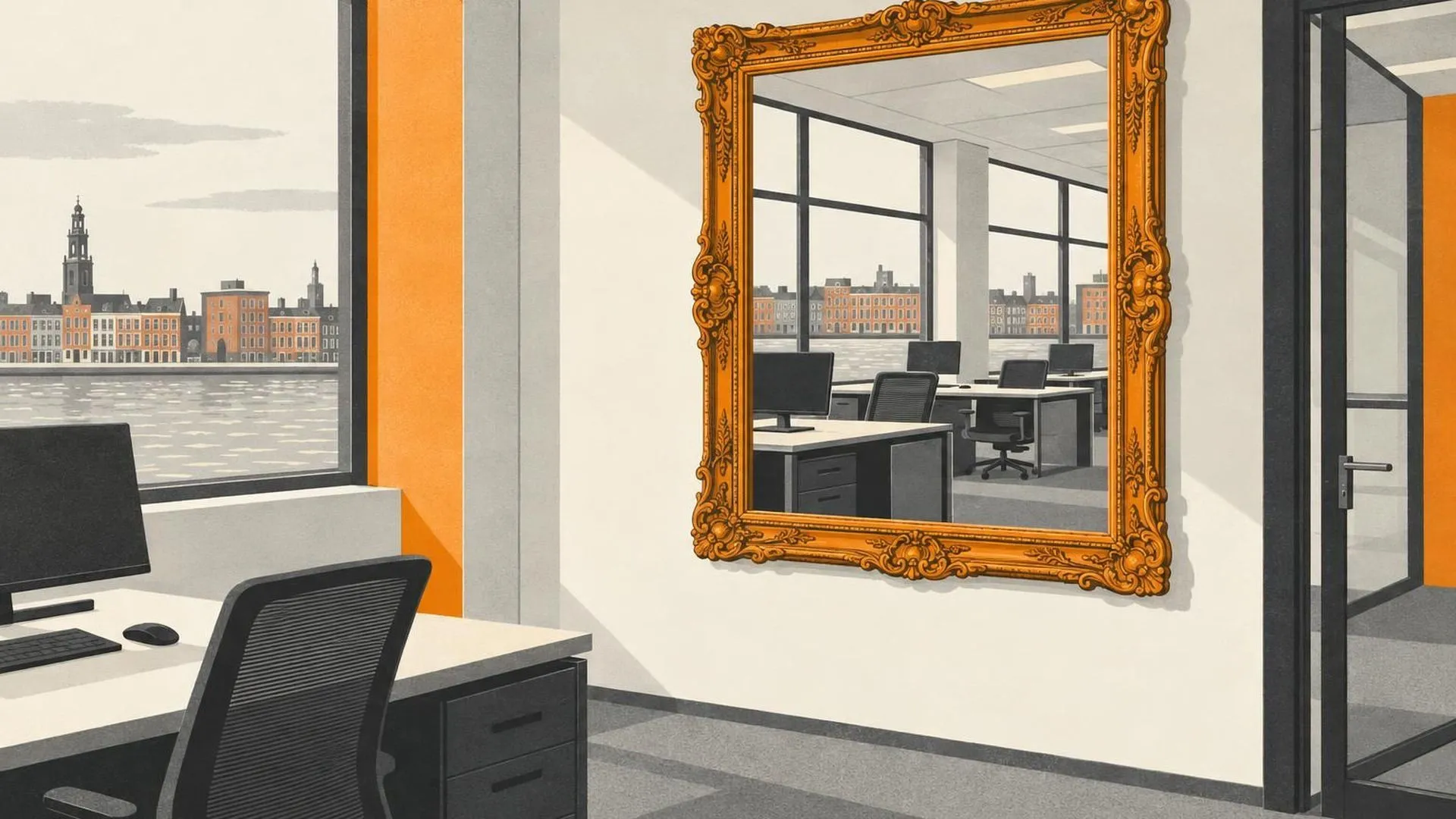 Een sierlijke gouden lijst aan een kantoormuur met een spiegel in plaats van een schilderij, die de lege bureaus van de ruimte weerkaatst.