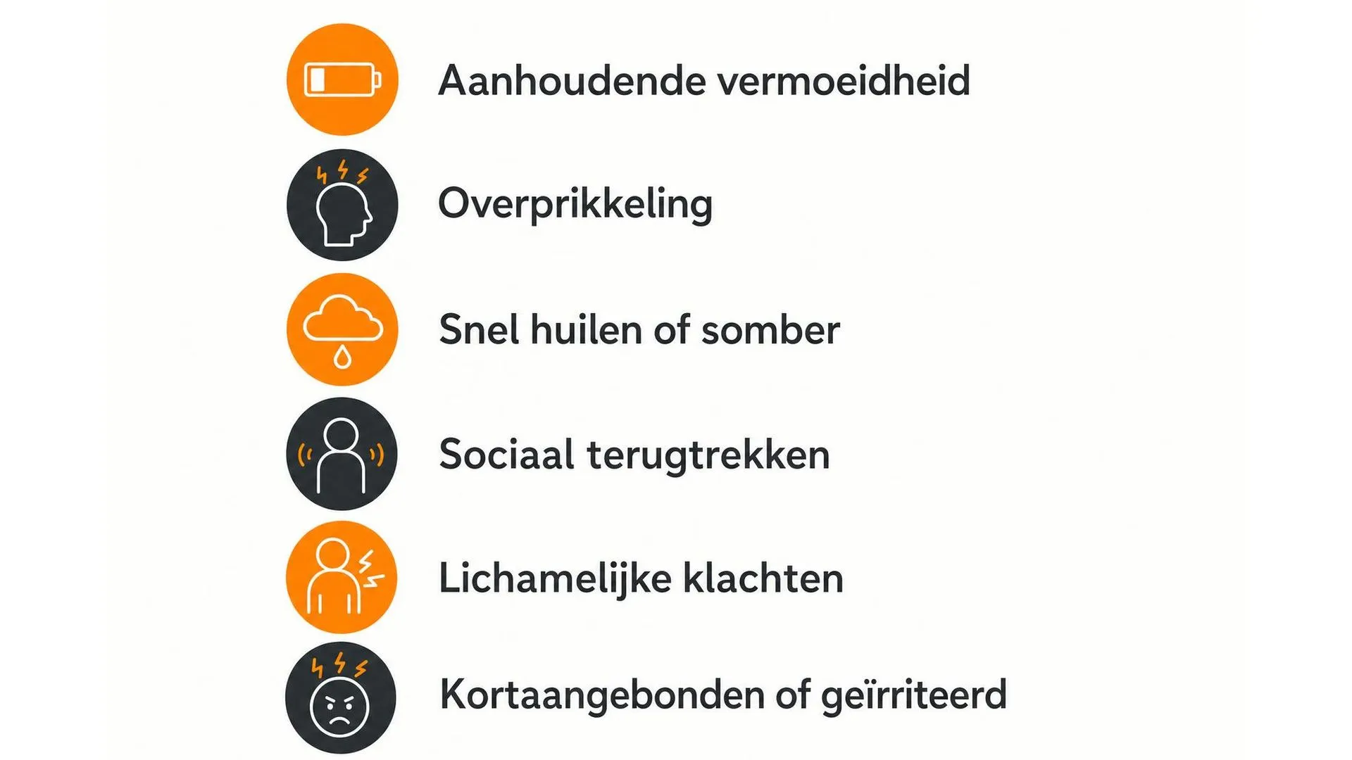 Zes veelvoorkomende burn-outsignalen bij hoogsensitieve personen, van vermoeidheid tot overprikkeling en sociaal terugtrekken