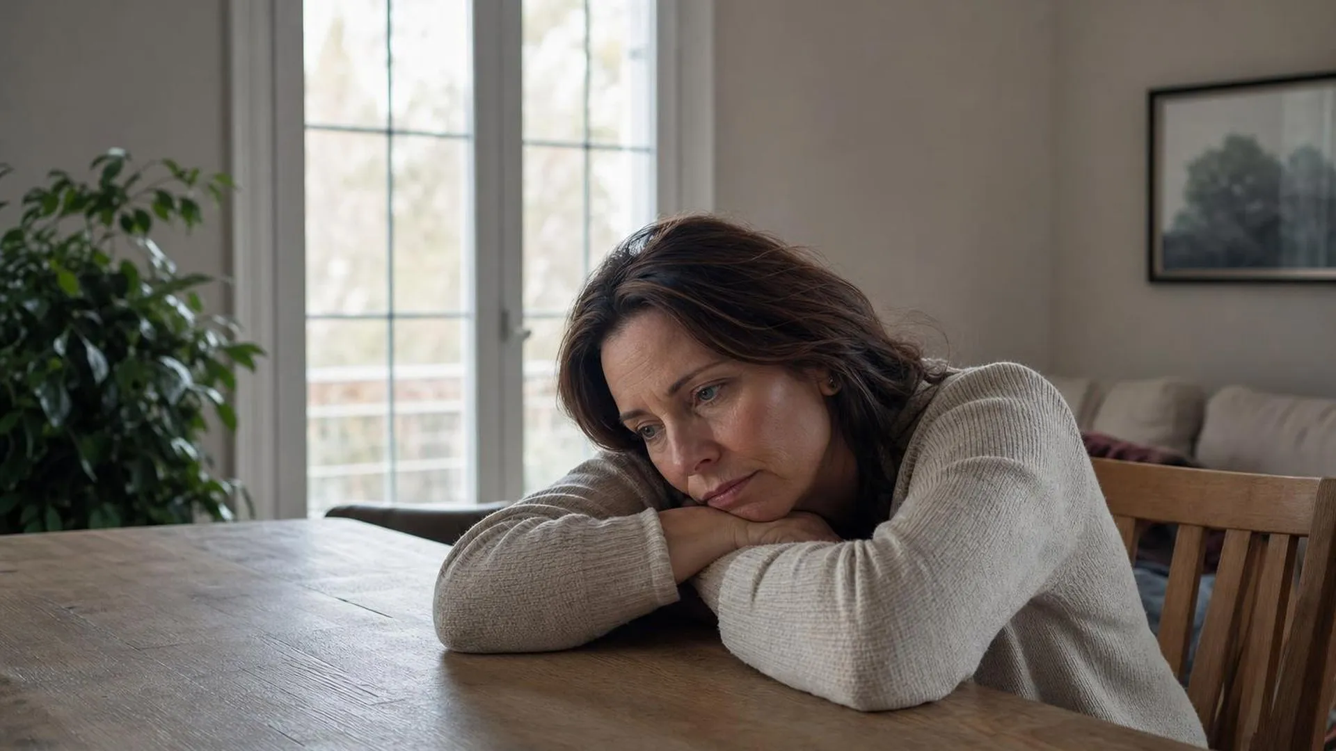 Vrouw met hoofd op armen aan eettafel in een stille woonkamer, totaal uitgeput