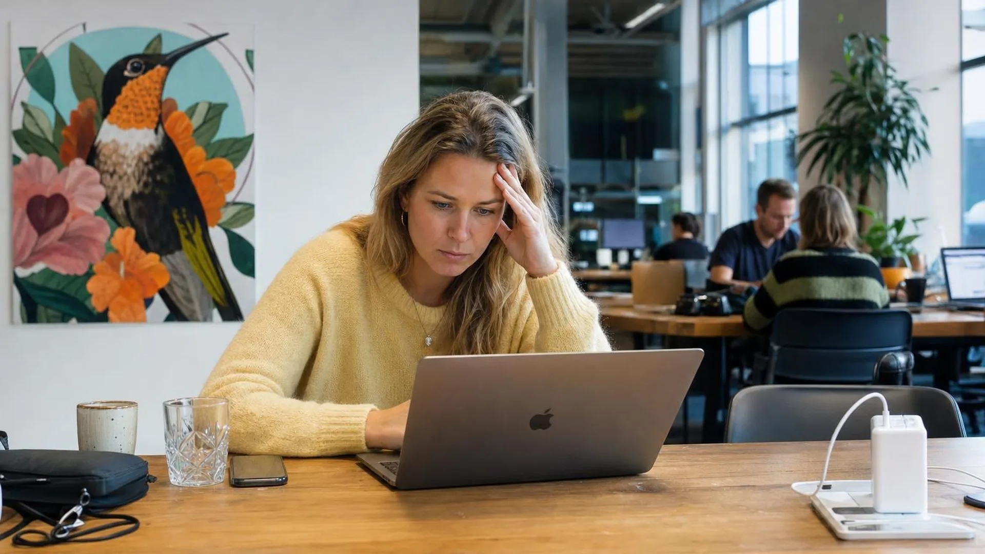 Vermoeide persoon aan een werkplek in een café, starend naar een scherm