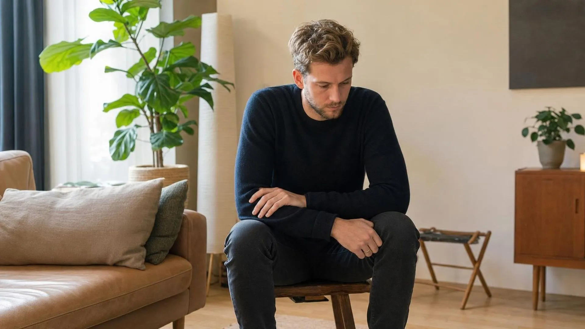 Persoon die vermoeid op een kruk zit in een stille woonkamer