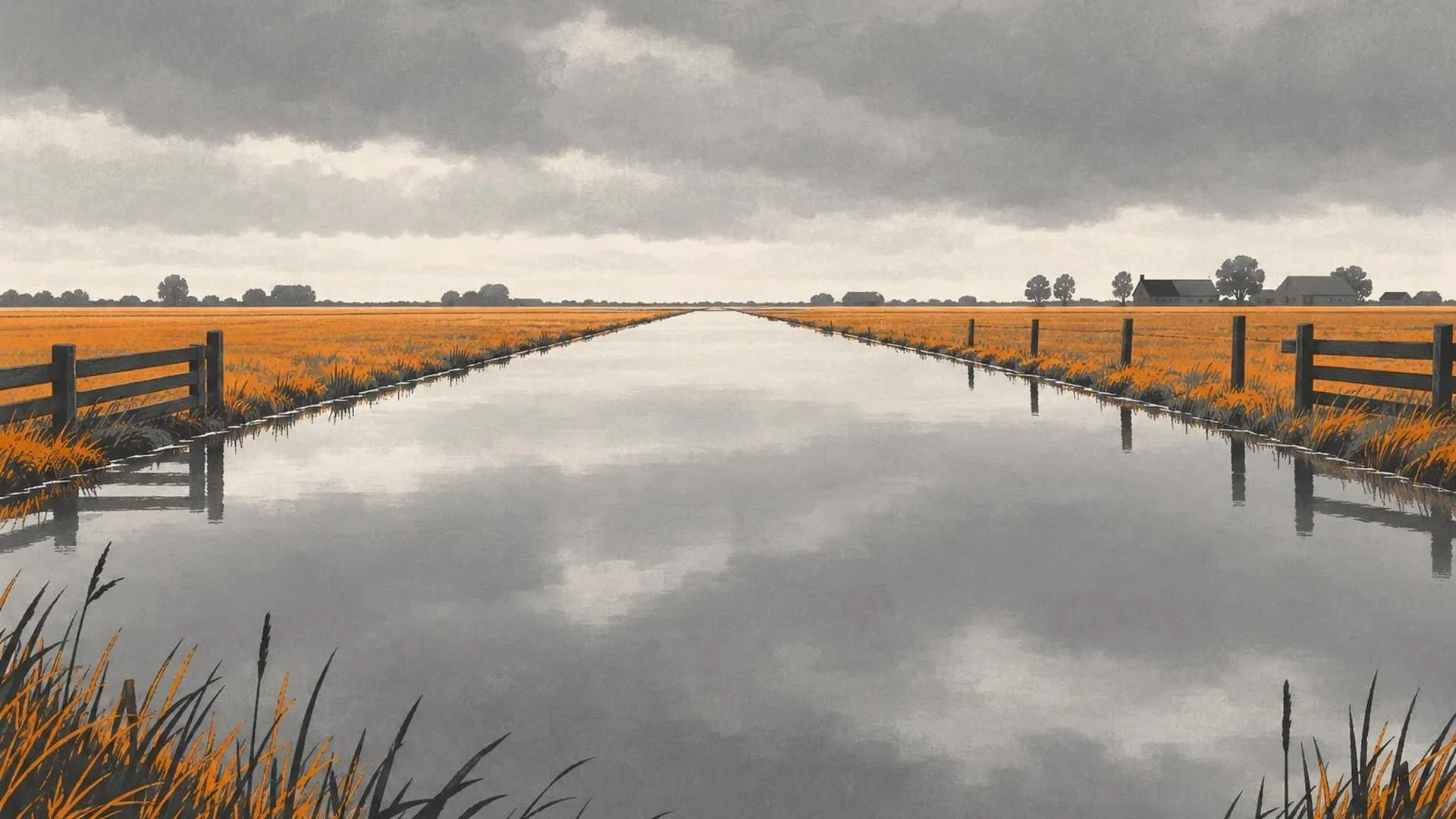 Een Nederlandse sloot die tot de rand toe gevuld is met water onder een zware, grijze lucht.