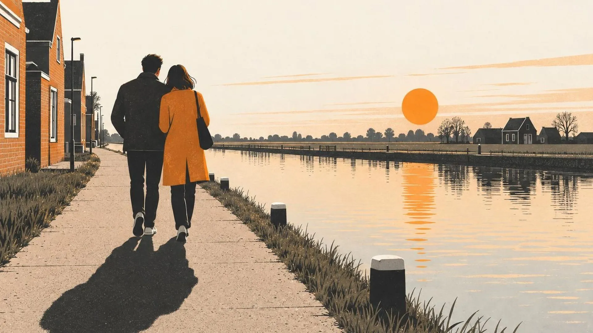 Twee figuren die dicht naast elkaar over een smal jaagpad lopen, hun schaduwen versmolten tot één vorm.
