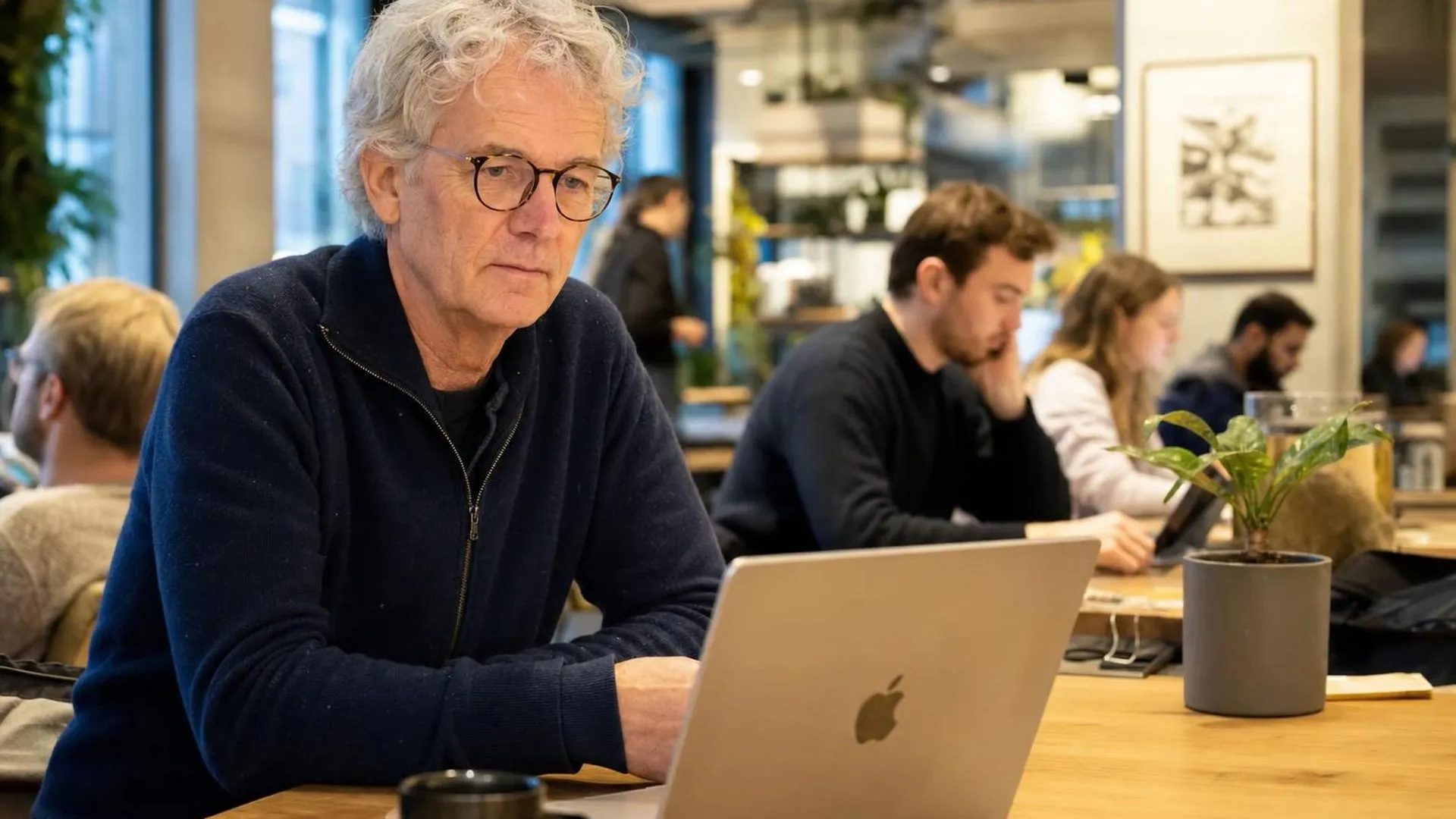 Medewerker aan gedeelde werktafel, nadenken over communicatie op de werkvloer