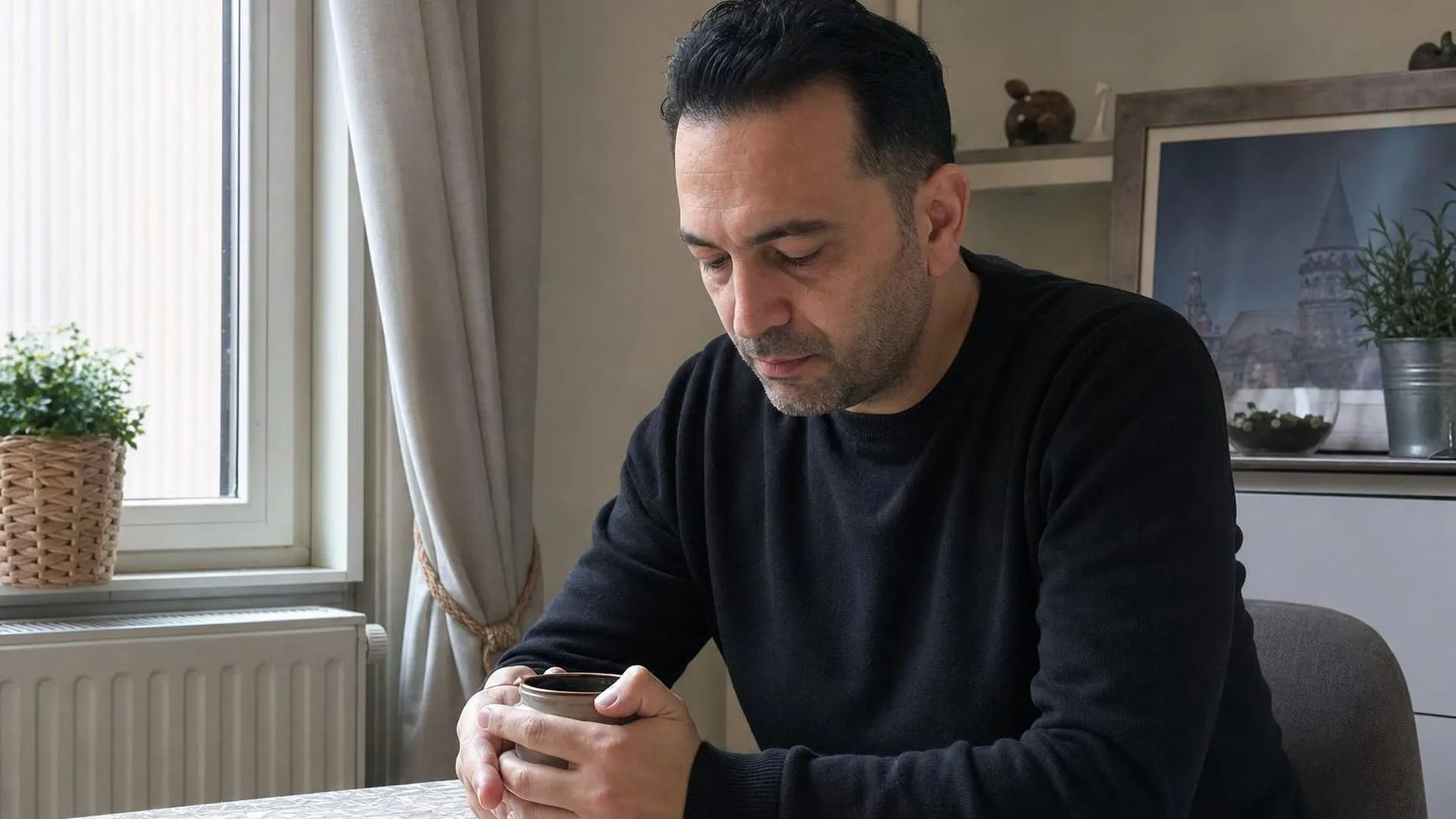 Persoon zit stil aan tafel met een mok thee tijdens burn-out herstel