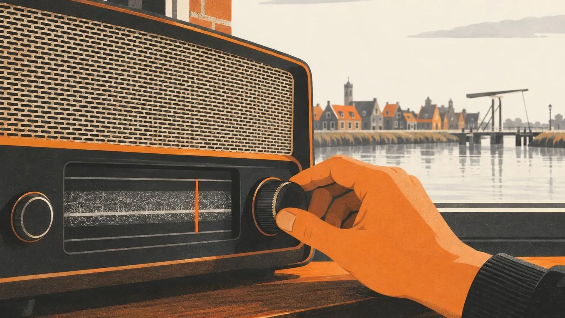 Close-up van een hand die langzaam aan de afstemknop van een oude radio draait, de naald dwaalt door ruis tussen zenders.