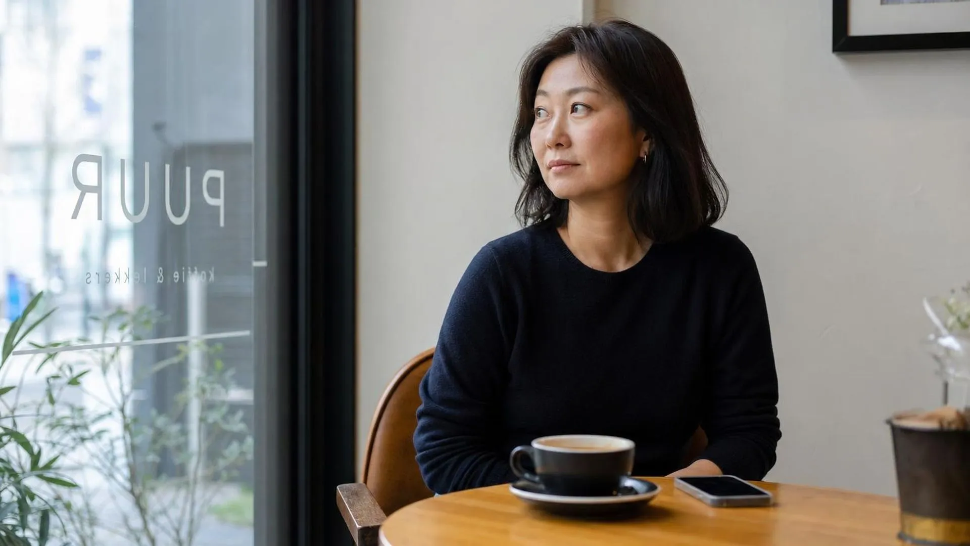 Iemand die met een ongedronken kop koffie aan een cafétafel zit en wegkijkt van zijn telefoon