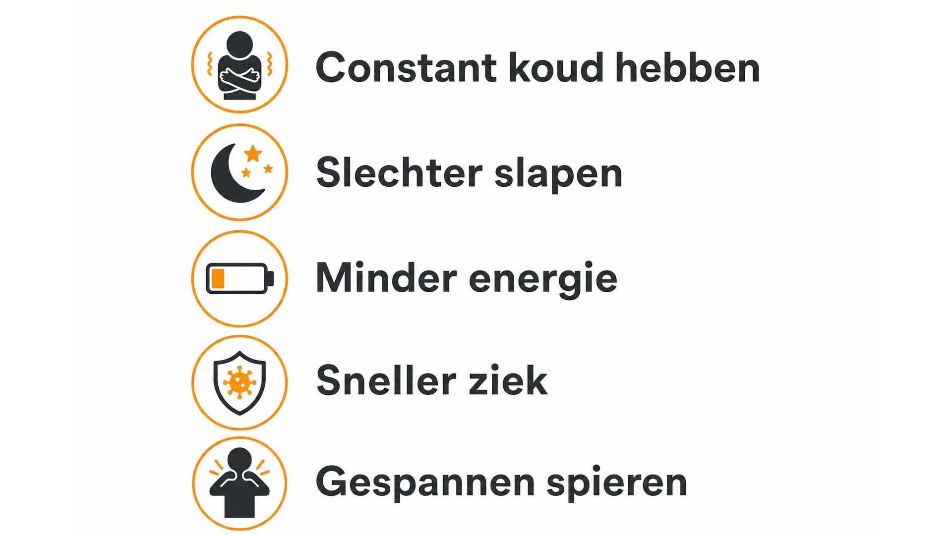 Vijf lichamelijke signalen dat stress je lichaam belast: constant koud hebben, slechter slapen, minder energie, sneller ziek, gespannen spieren