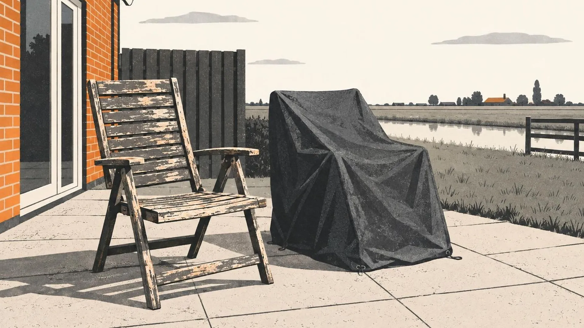 Twee tuinstoelen in een achtertuin, de ene verweerd en doorgezakt van jaren buiten staan, de andere nog onder een zeil ernaast.