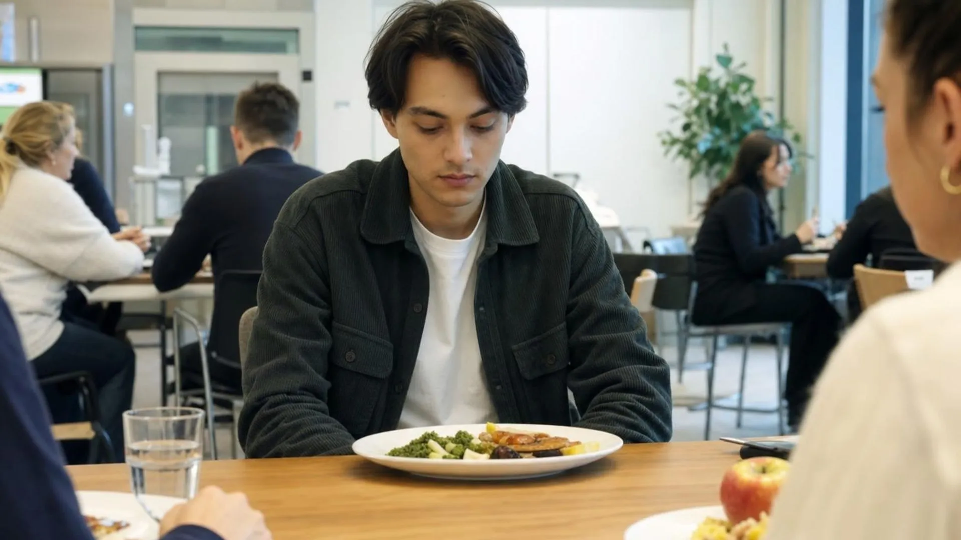 Persoon zit afwezig aan een lunchtafel op het werk, een vroeg teken van cynisme en burn-out