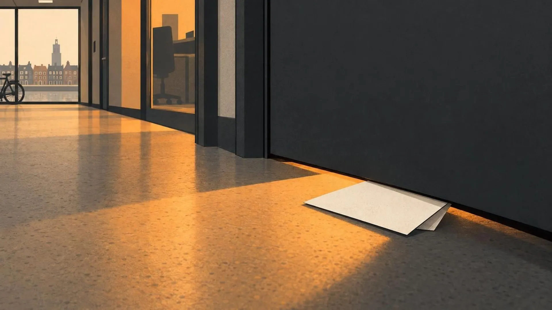 Een opgevouwen briefje dat half onder een kantoordeur is geschoven, licht uit de gang valt erop terwijl de kamer erachter donker blijft.