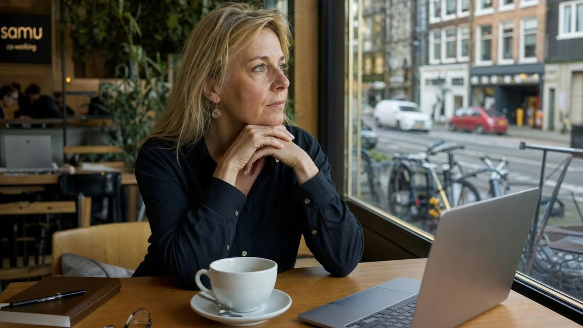 Persoon staart afwezig naar buiten in een koffiebar, met een onaangeraakt kopje koffie