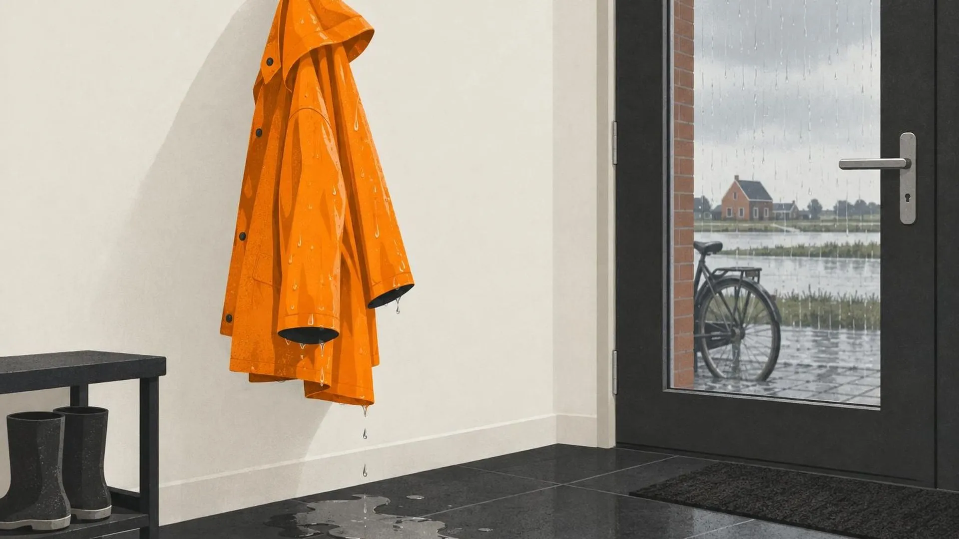 Een doorweekte regenjas hangt aan een haakje binnen, met een druppel die langzaam een plasje vormt op de vloer eronder.