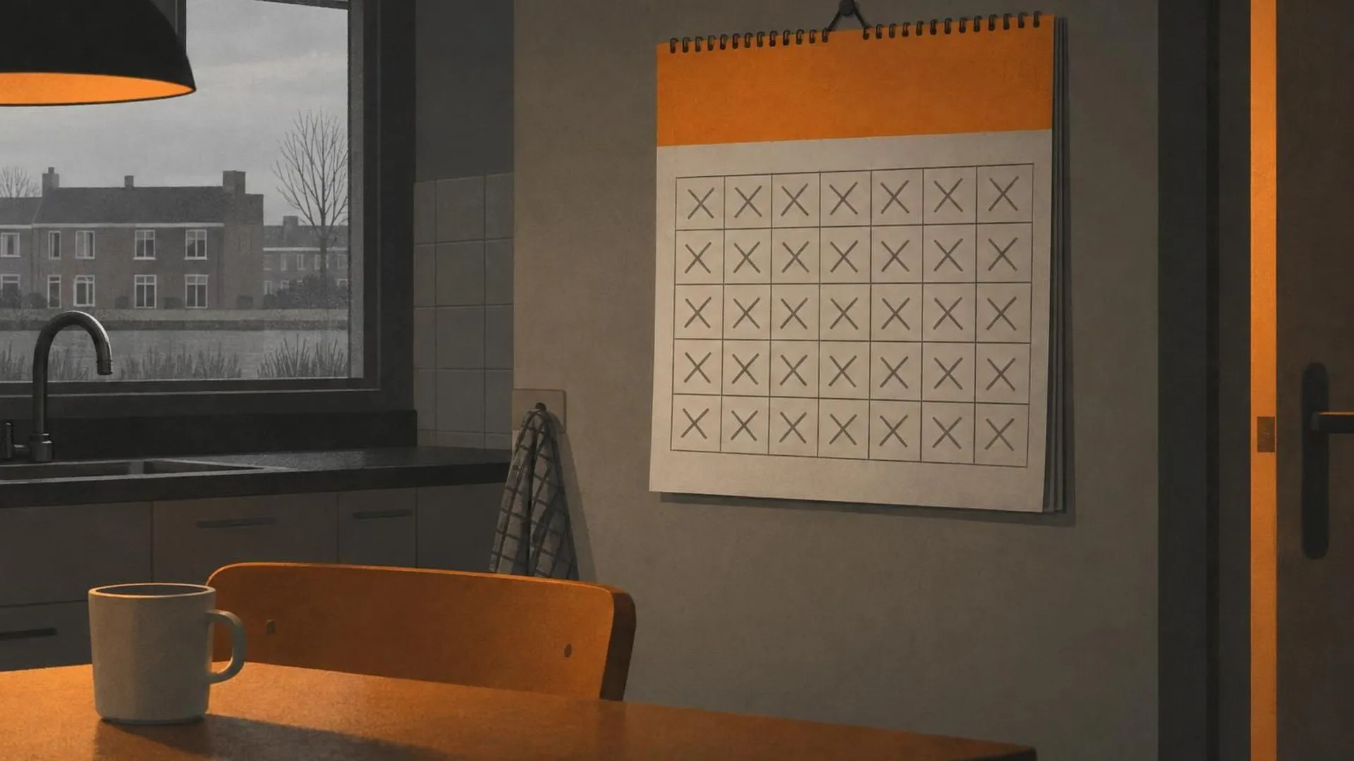 Een kalender aan de muur in een schemerige keuken waarop elke dag met precies dezelfde grijze streep is weggestreept.