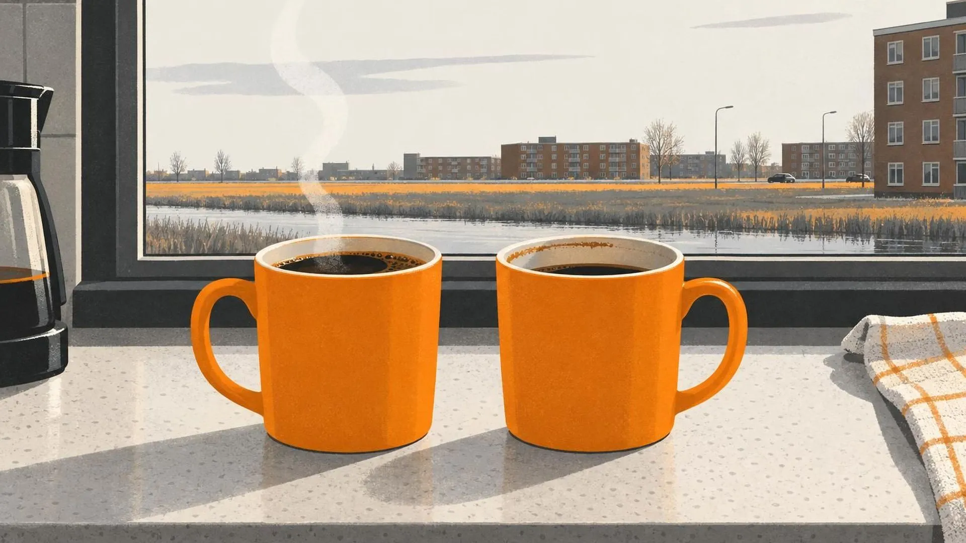 Twee identieke koppen koffie naast elkaar, de een dampend en de ander allang koud met een opgedroogde rand