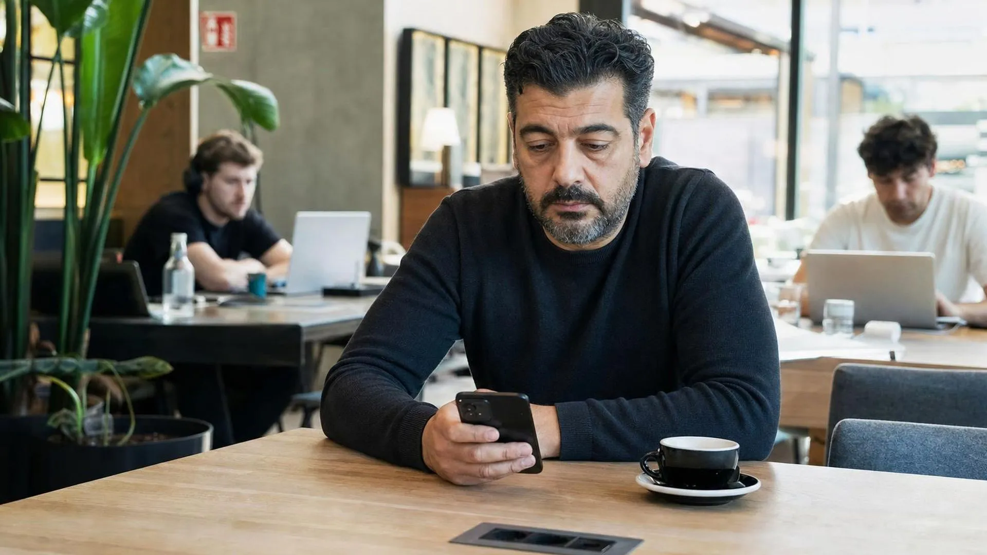 Persoon staart afwezig naar telefoon in een koffiebar, moe en overprikkeld