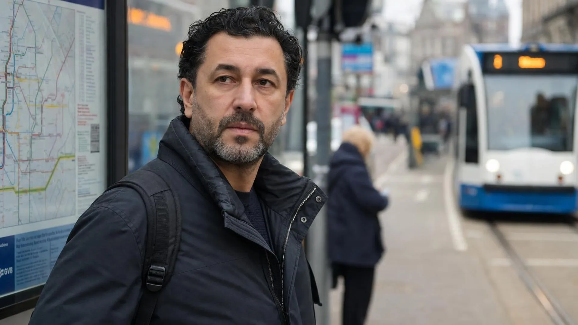 Persoon staat bij een tramhalte met een afwezige blik, een beeld van dissociatie bij stress