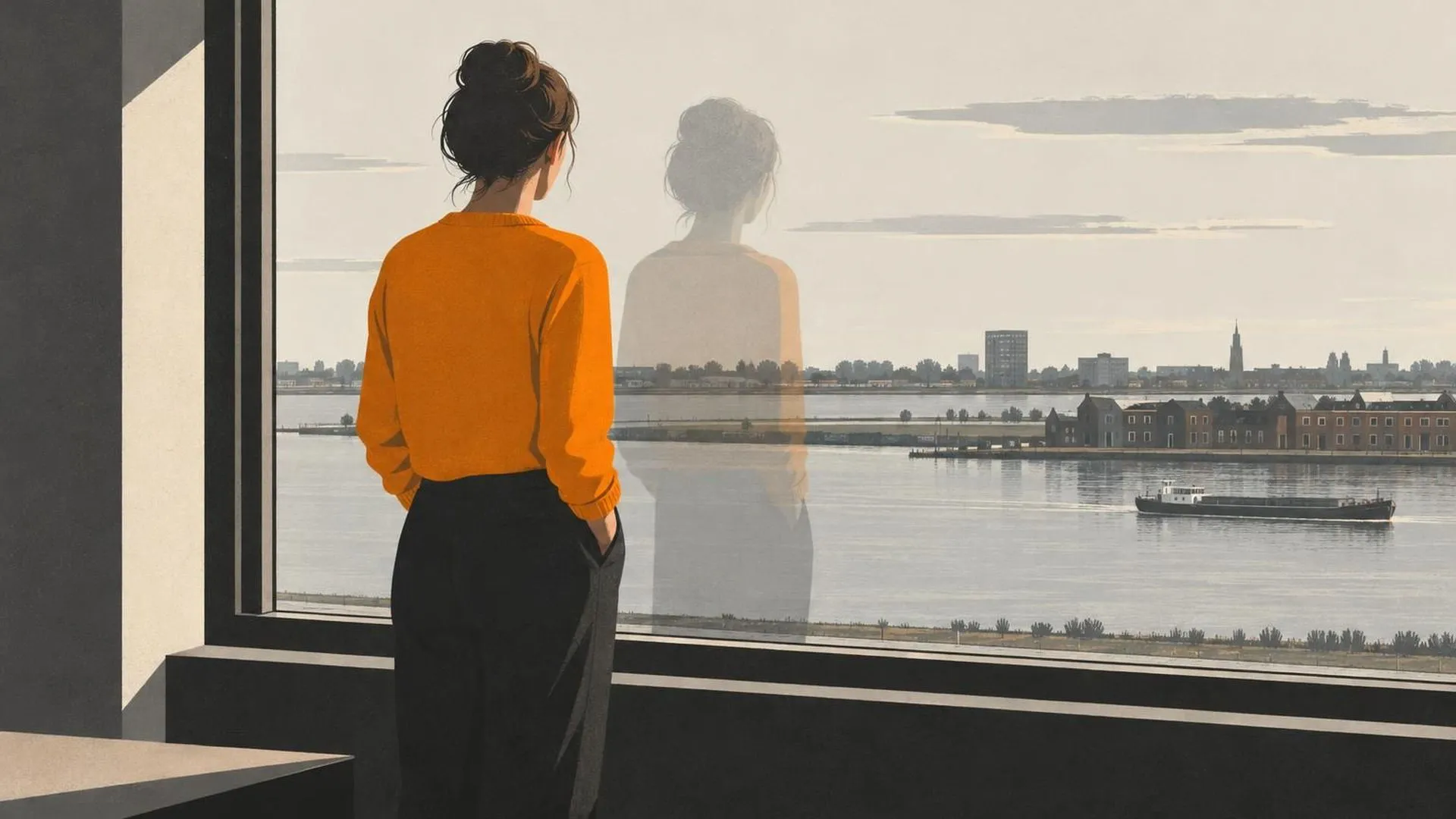 Een figuur staat voor een hoog raam naar buiten te kijken, de spiegeling in het glas staat net iets los van de plek waar de figuur werkelijk staat.
