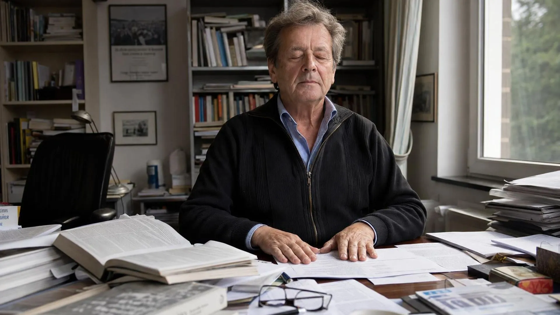 Uitgeputte persoon na een periode van intense hyperfocus achter een bureau vol papieren