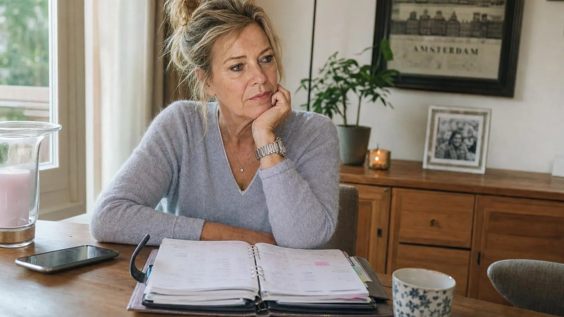 Persoon zit aan tafel met een volle agenda en kijkt peinzend voor zich uit