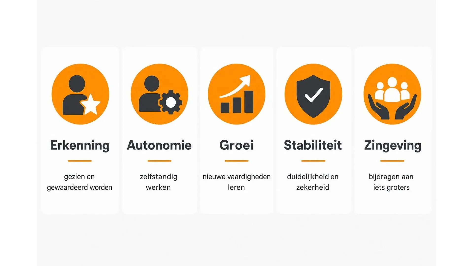 Vijf veelvoorkomende drijfveren van medewerkers: erkenning, autonomie, groei, stabiliteit en zingeving