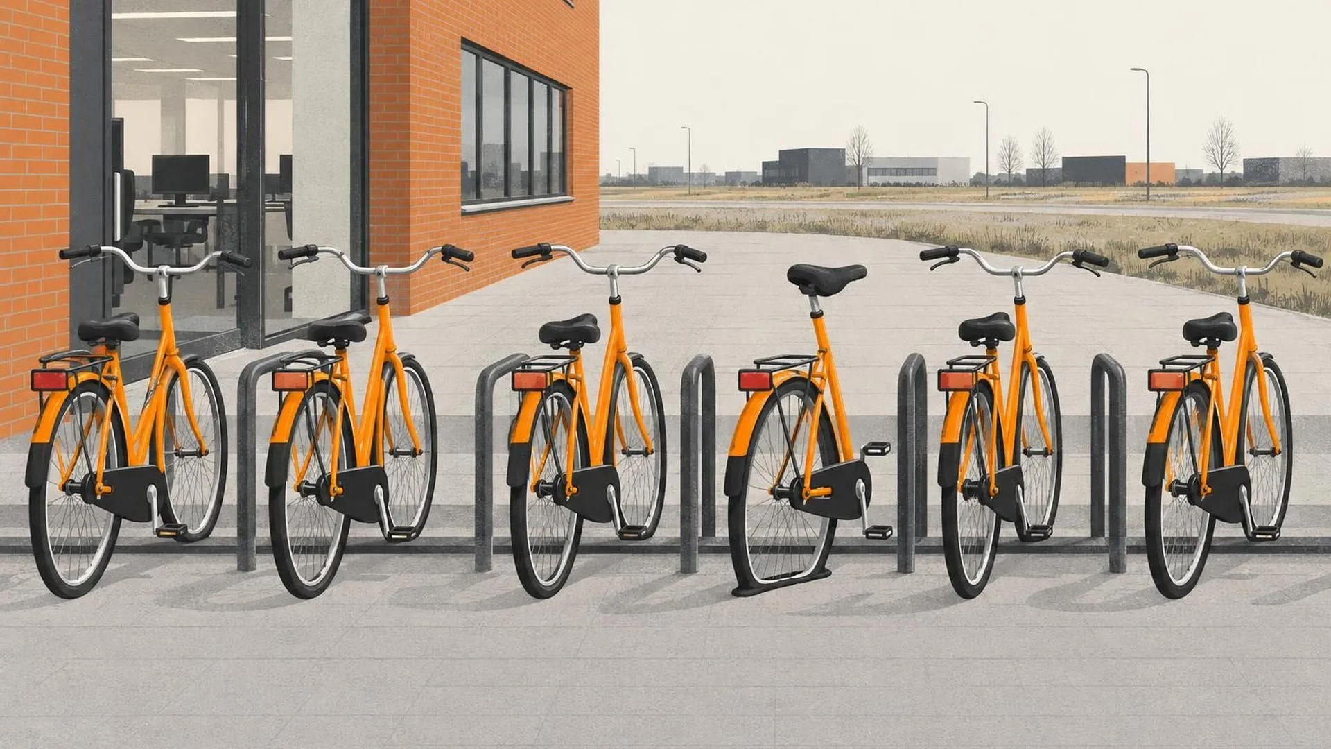 Een rij identieke fietsen in een rek, waarvan er één een lekke band heeft en een omgedraaid zadel