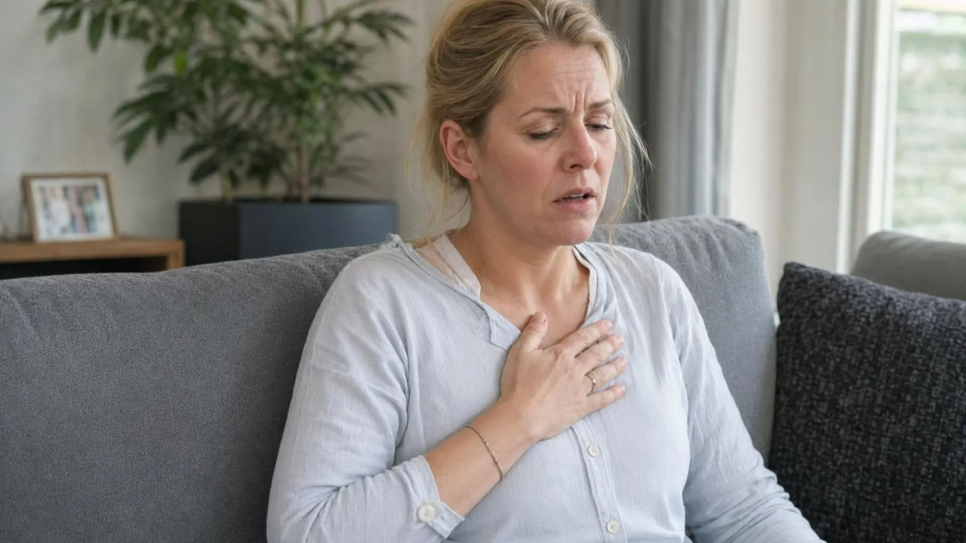 Vrouw met drukkend gevoel op de borst door stress
