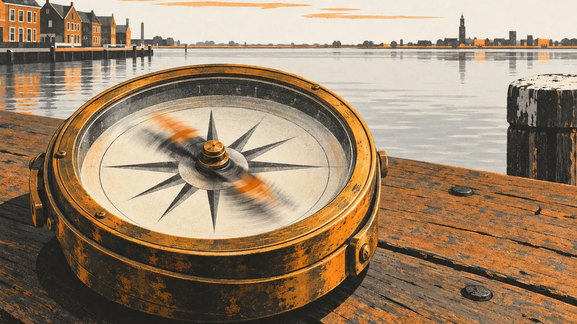 Close-up van een oud koperen scheepskompas op een houten tafel, de naald wazig in beweging en niet in staat zich te settelen op een richting.