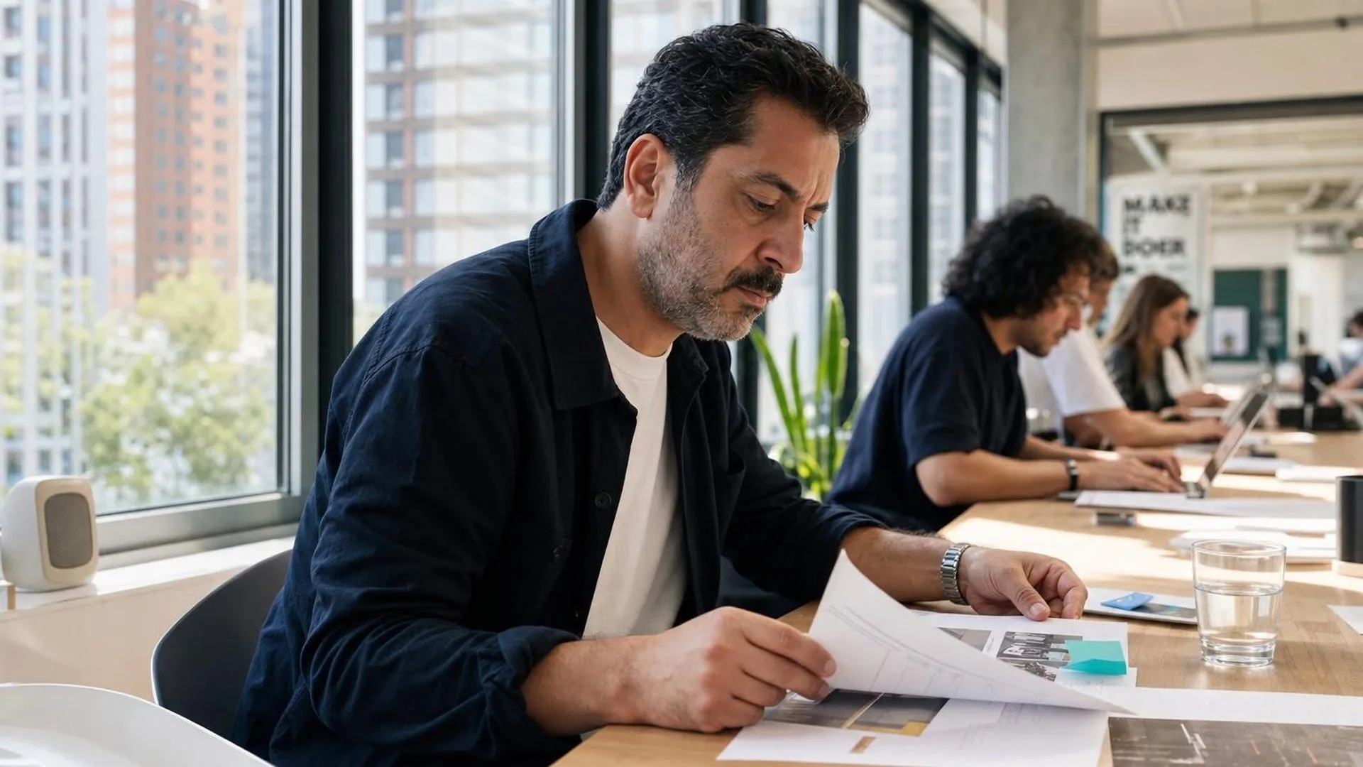 Leidinggevende bekijkt personeelsdossiers aan een werktafel