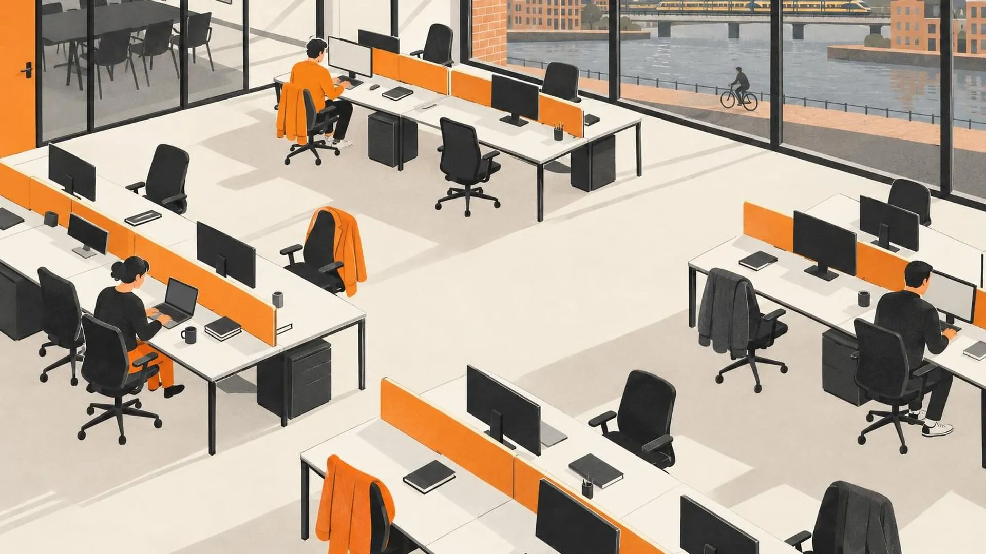 Van bovenaf een kantoorvloer met lege bureaustoelen, sommige nog met een jas eroverheen, en maar een paar bezette plekken.