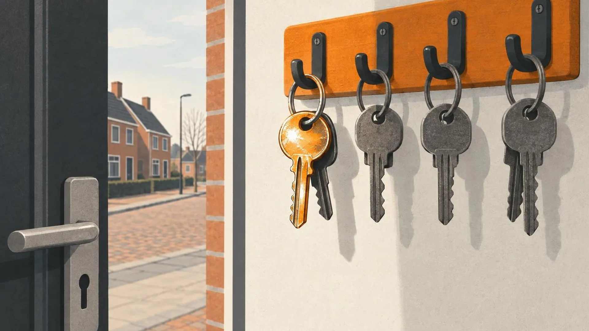 Een rij huissleutels hangt aan haakjes bij de voordeur, één sleutel is glimmend gesleten van steeds opnieuw vastpakken, terwijl de andere dof en onaangeraakt blijven.
