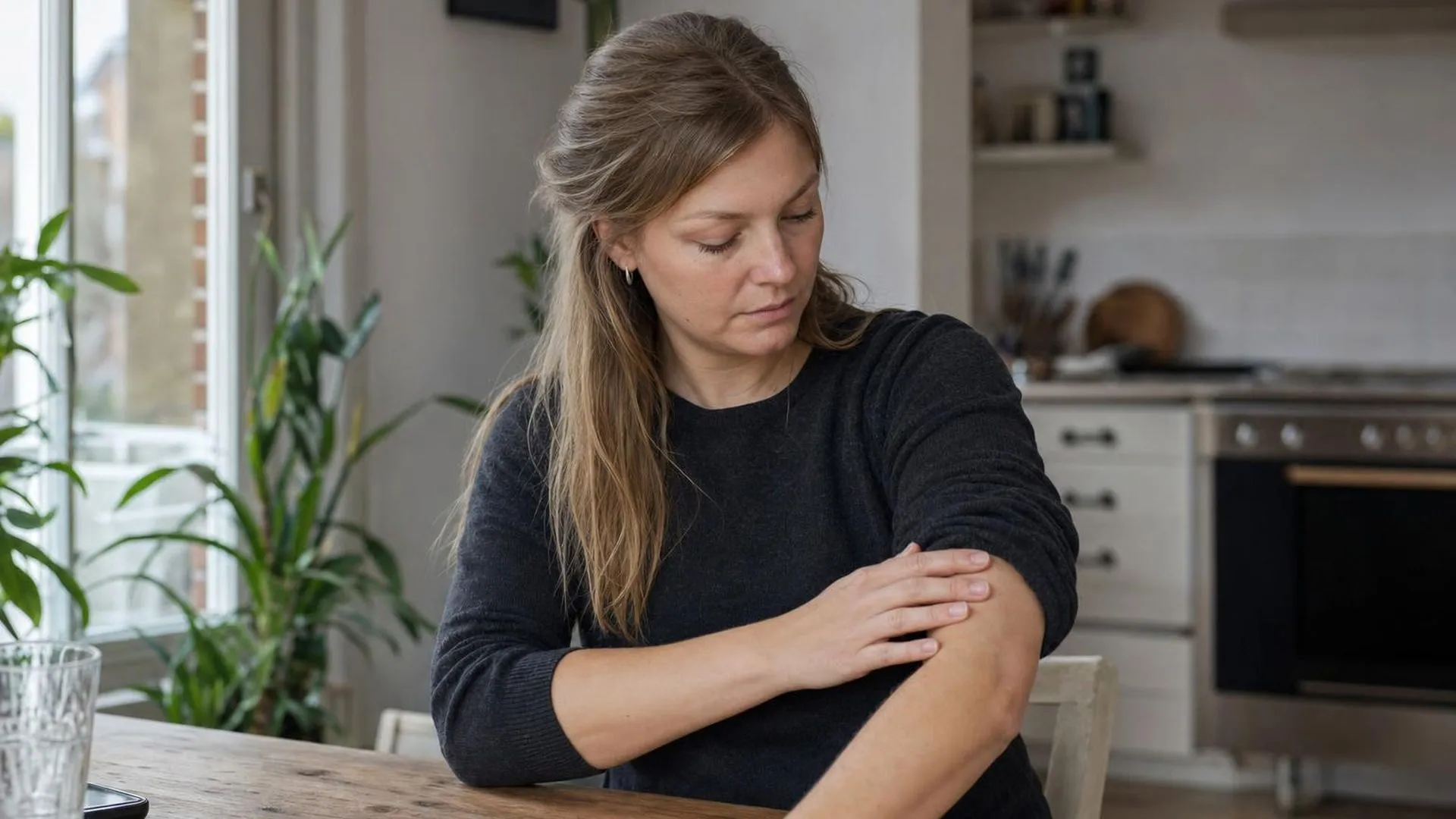 Persoon kijkt naar rode huidirritatie op de onderarm aan de keukentafel