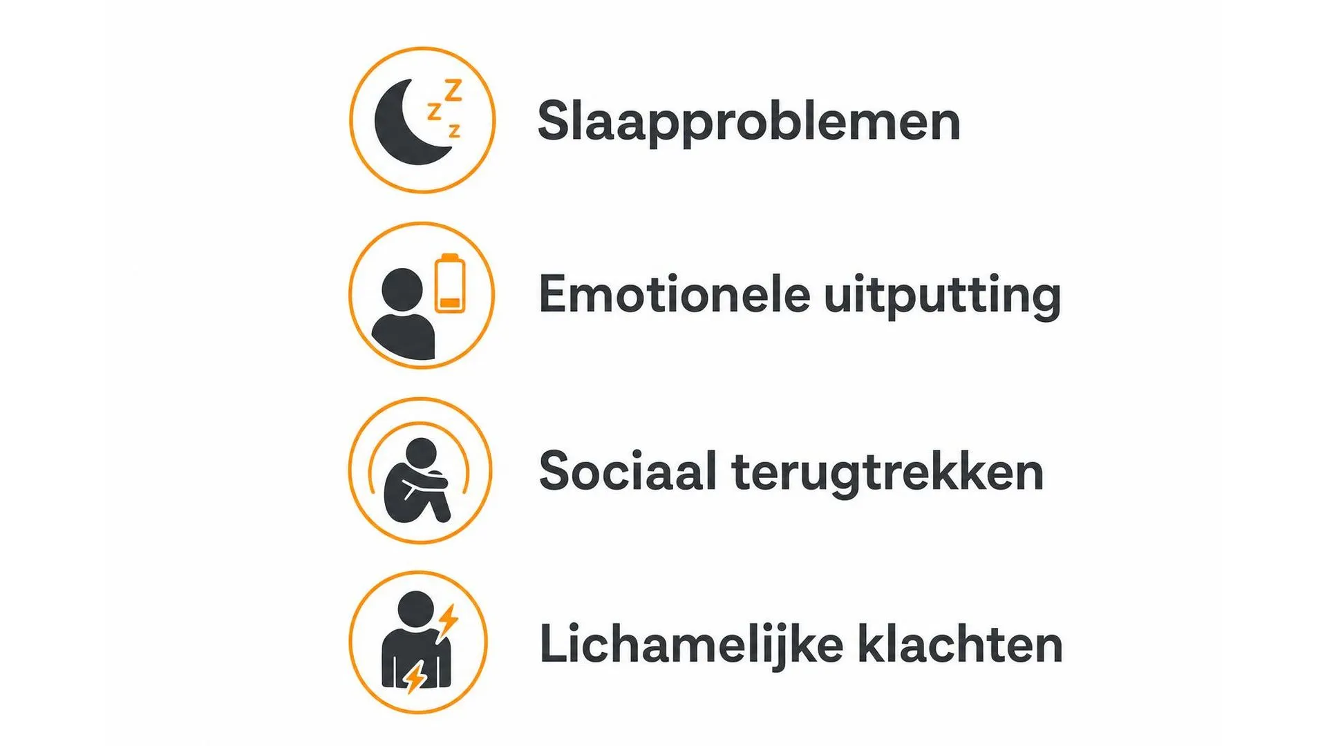 Vier veelvoorkomende signalen van rouw-gerelateerde stress weergegeven als icoonslijst