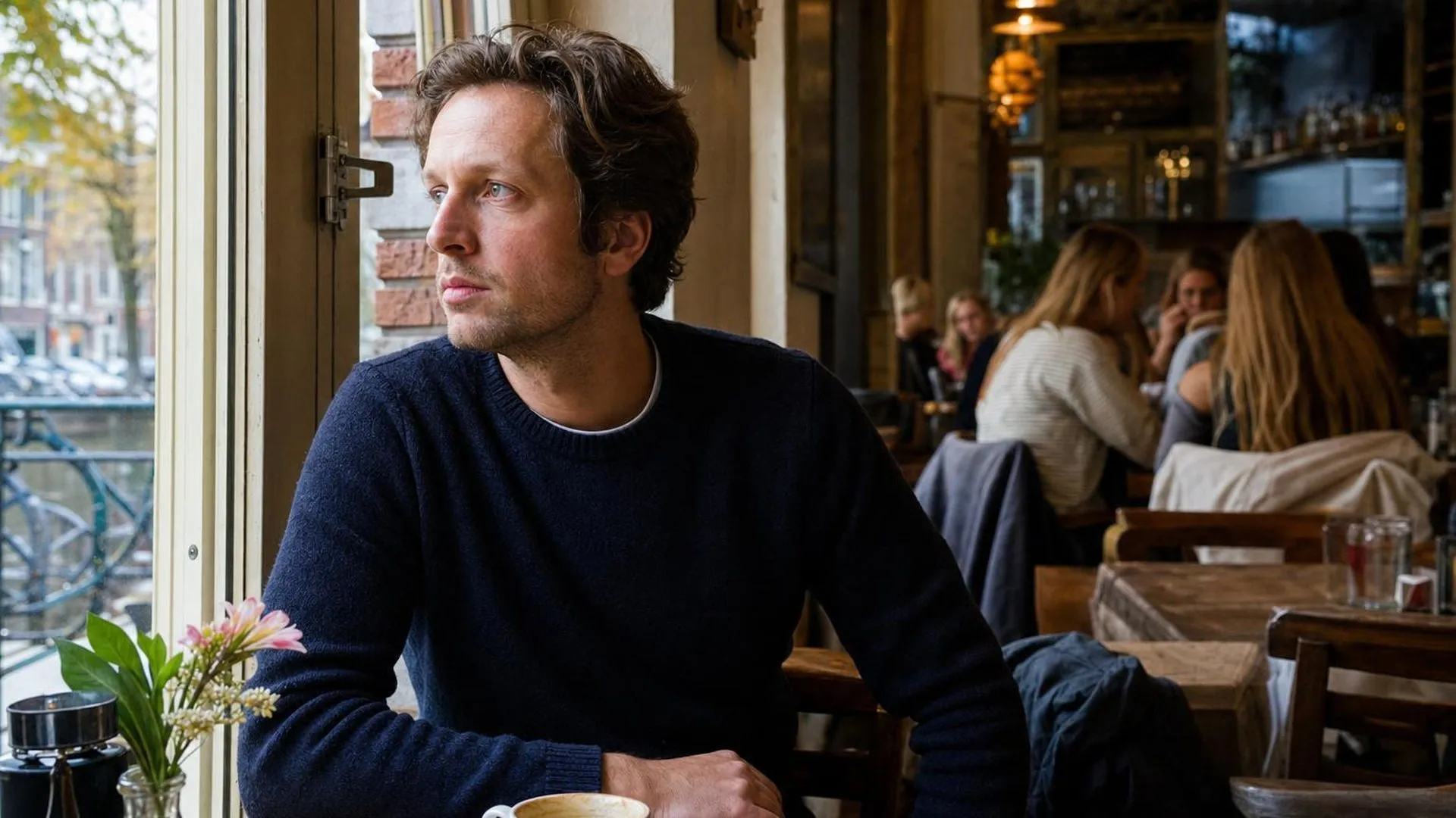 Iemand zit alleen aan een tafeltje in een café terwijl anderen op de achtergrond praten