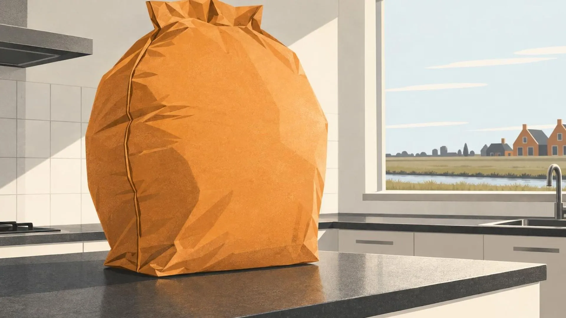 Een papieren zak op het aanrecht, zo vol lucht geblazen dat de naden spannen, alleen in de lege keuken.