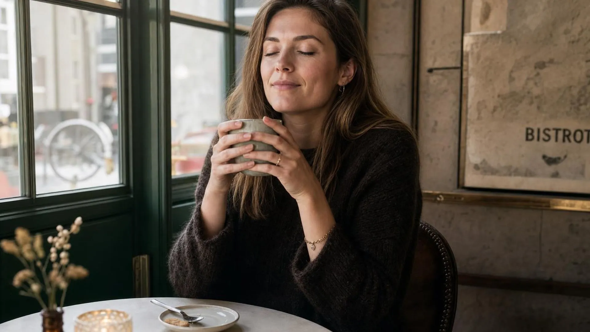 Persoon met gesloten ogen aan een cafétafel, handen om een koffiekopje
