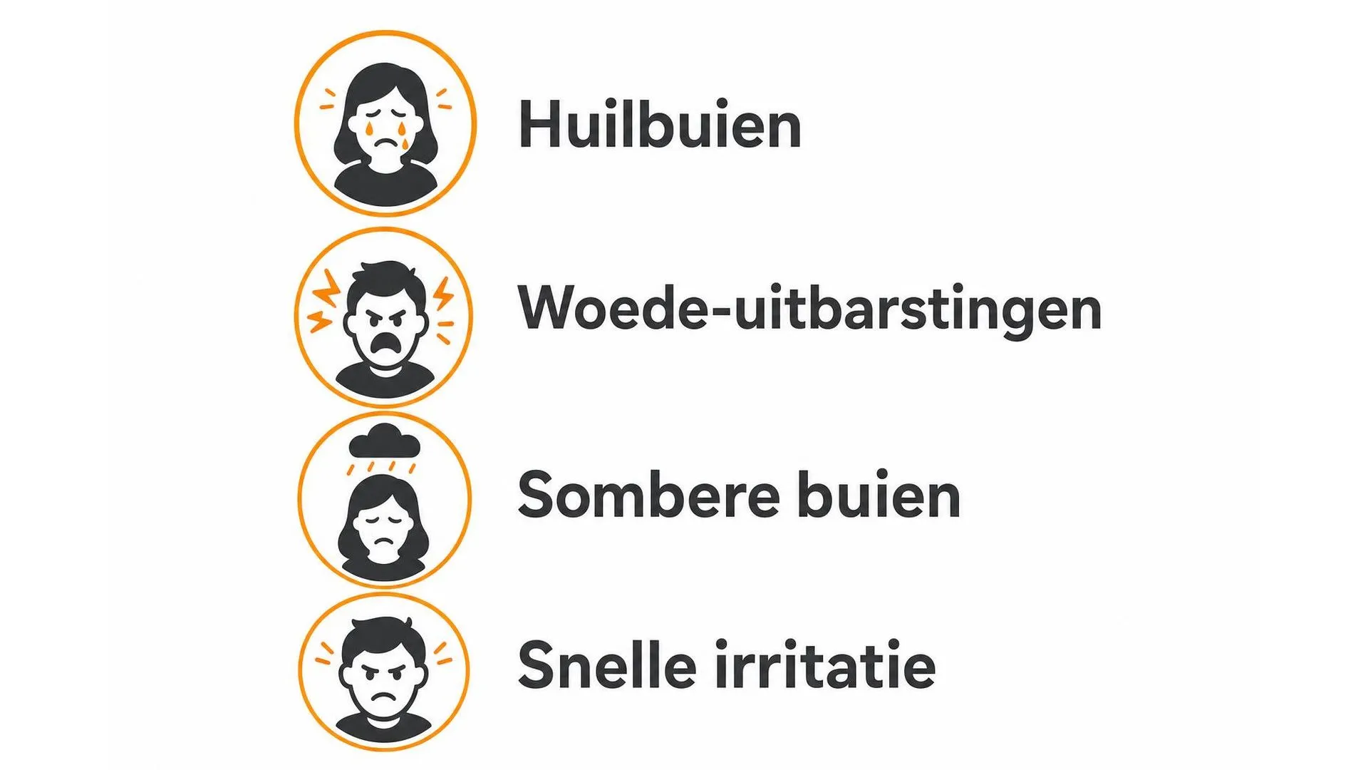 Overzicht van vier vormen van emotionele buien bij burn-out: huilbuien, woede-uitbarstingen, sombere buien en snelle irritatie