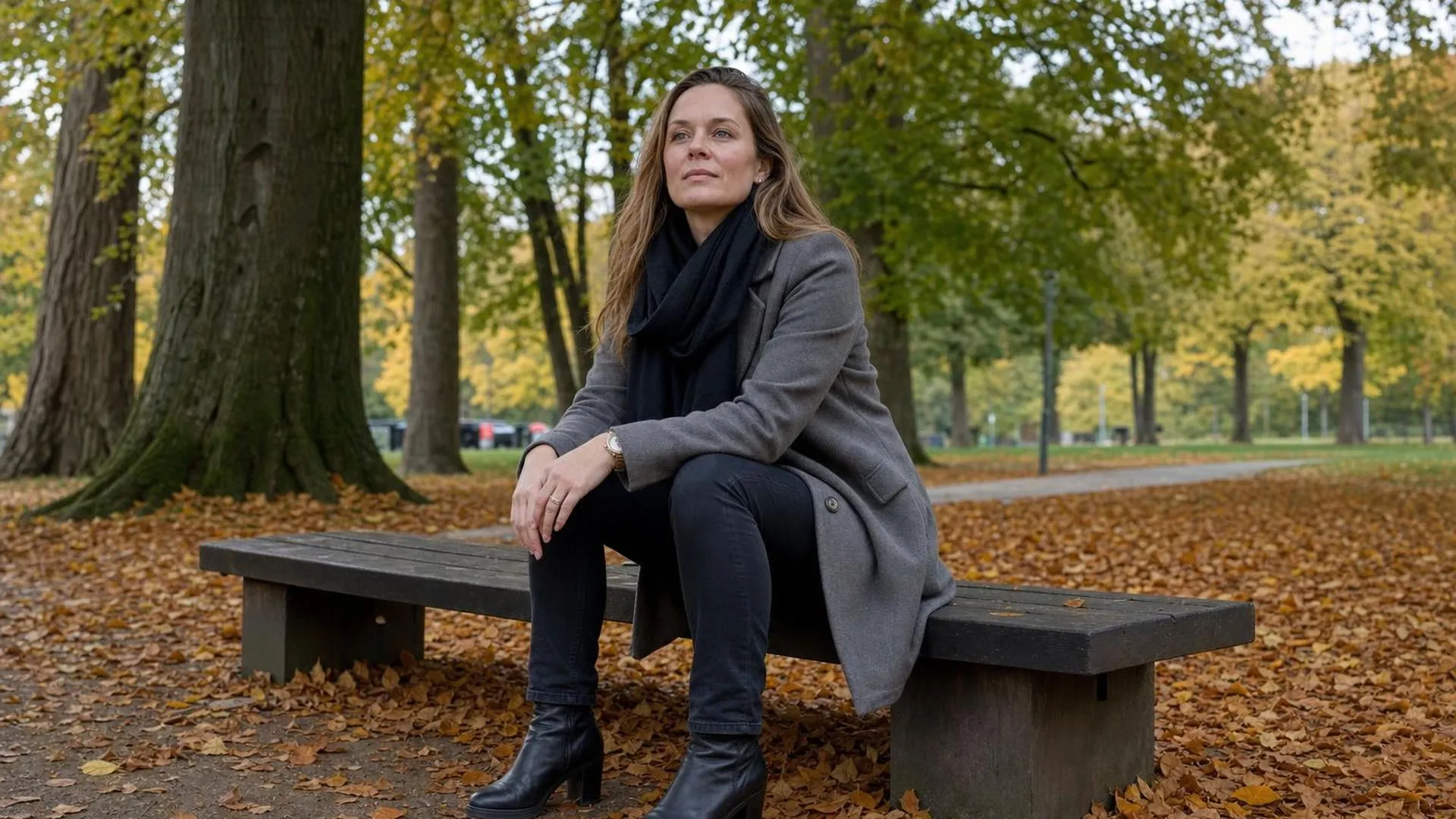 Persoon zit even stil op een bankje in een herfstpark en hervindt zichzelf