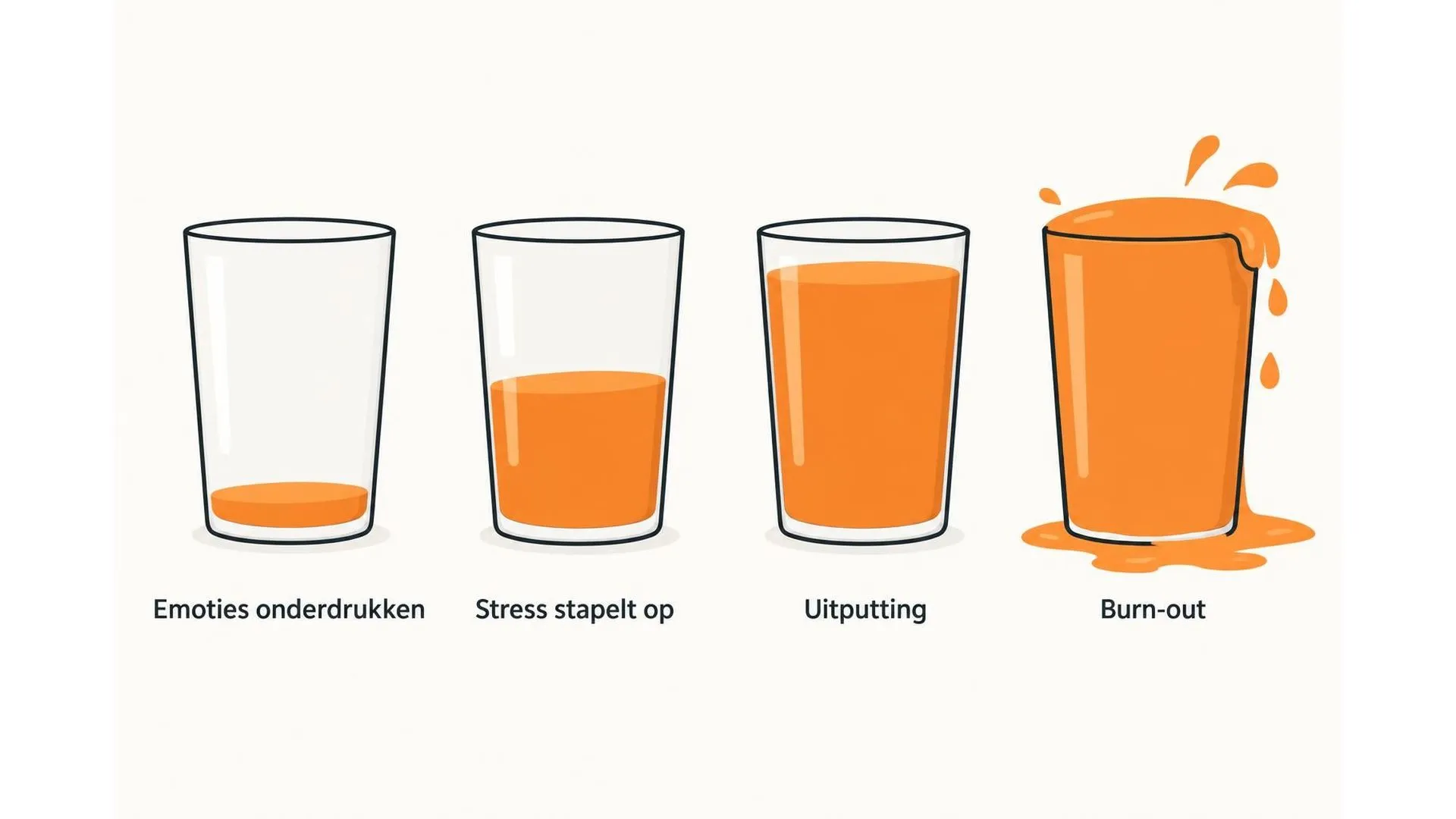 Een vat dat van bijna leeg naar overlopend vult: emoties onderdrukken, stress die opstapelt, uitputting en burn-out