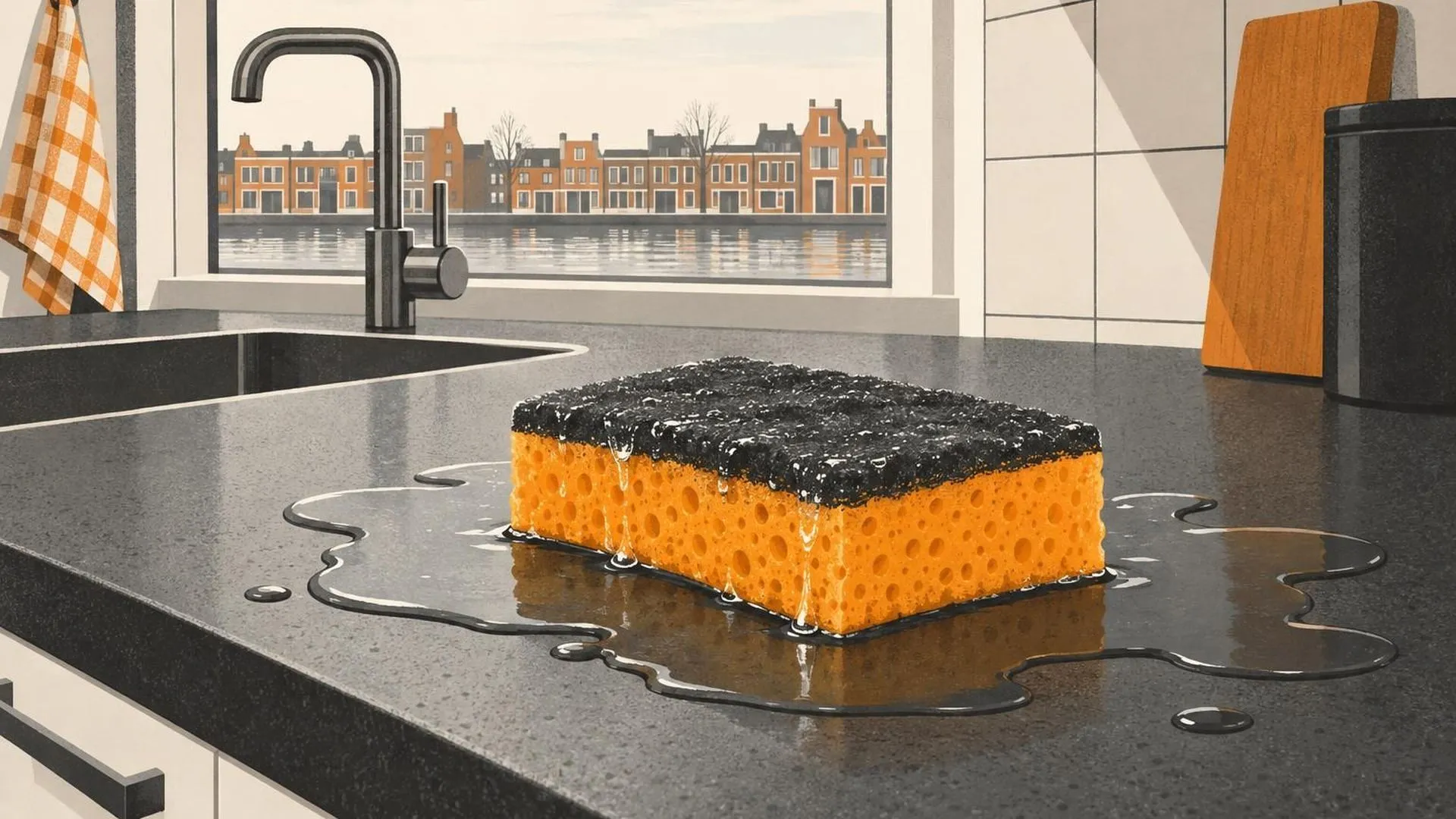 Een doorweekte spons in een plas gemorst water op een aanrecht, die niets meer kan opnemen.