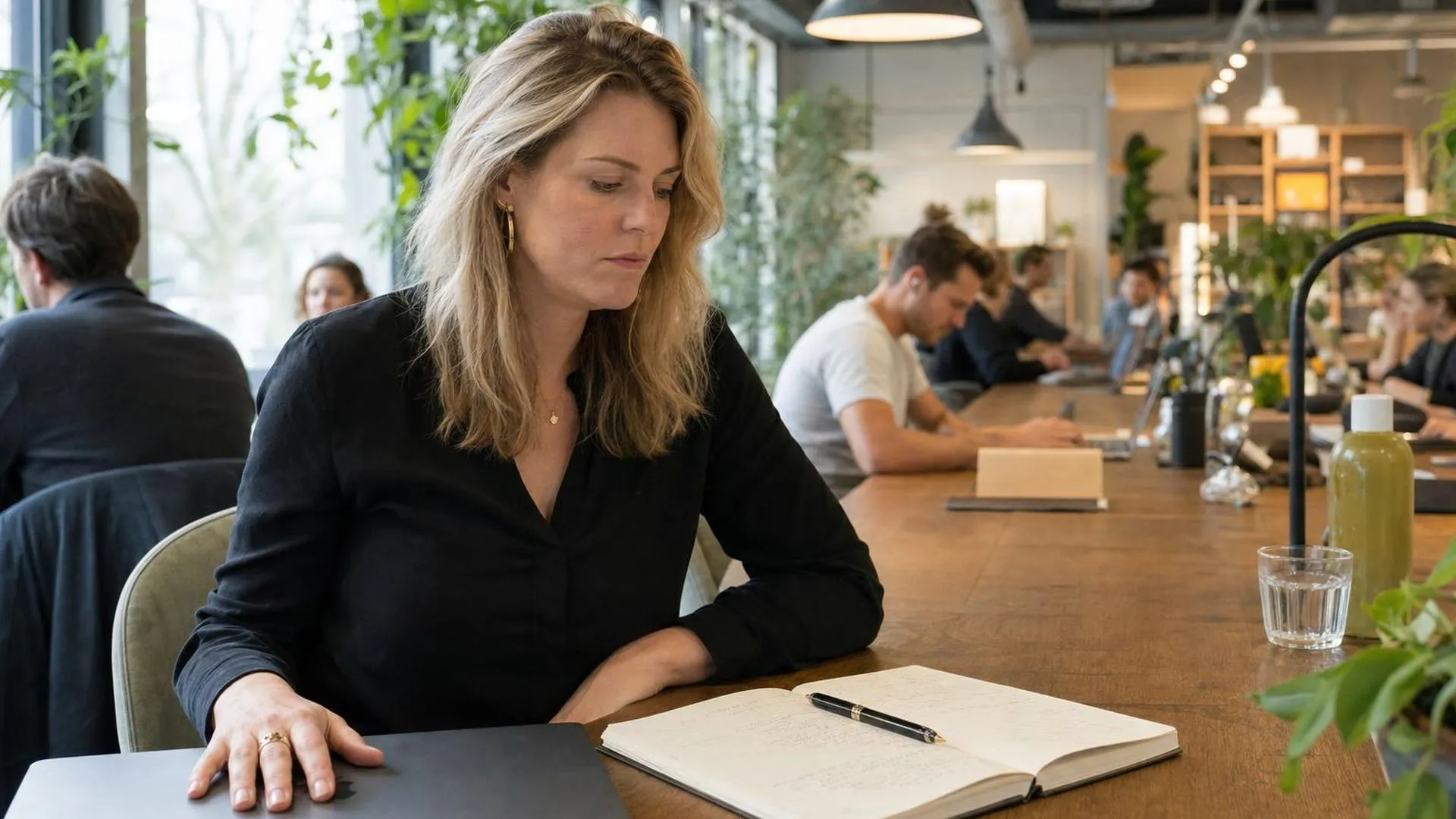 Persoon die pauzeert bij een notitieblok in een werkcafé, met een gesloten laptop naast zich