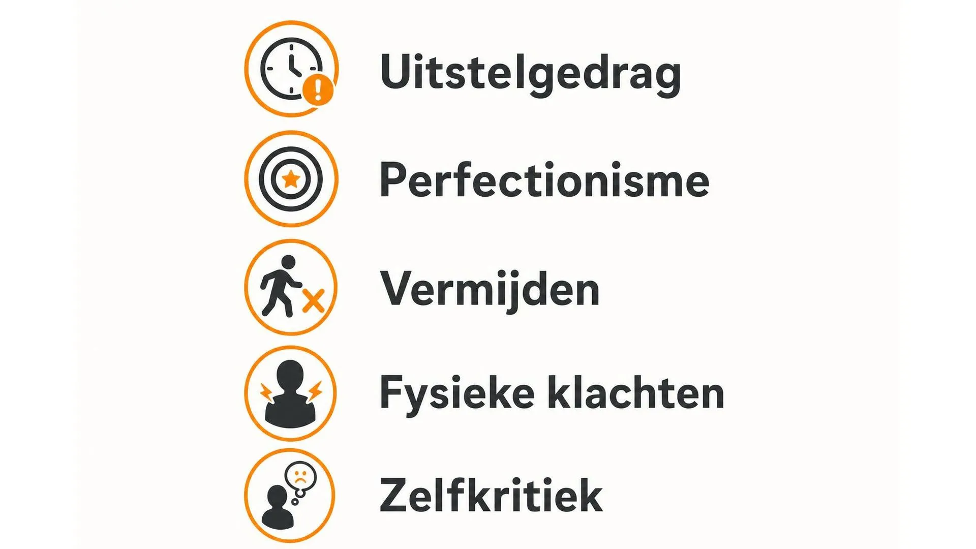 Vijf veelvoorkomende signalen van faalangst: uitstelgedrag, perfectionisme, vermijden, fysieke klachten en zelfkritiek