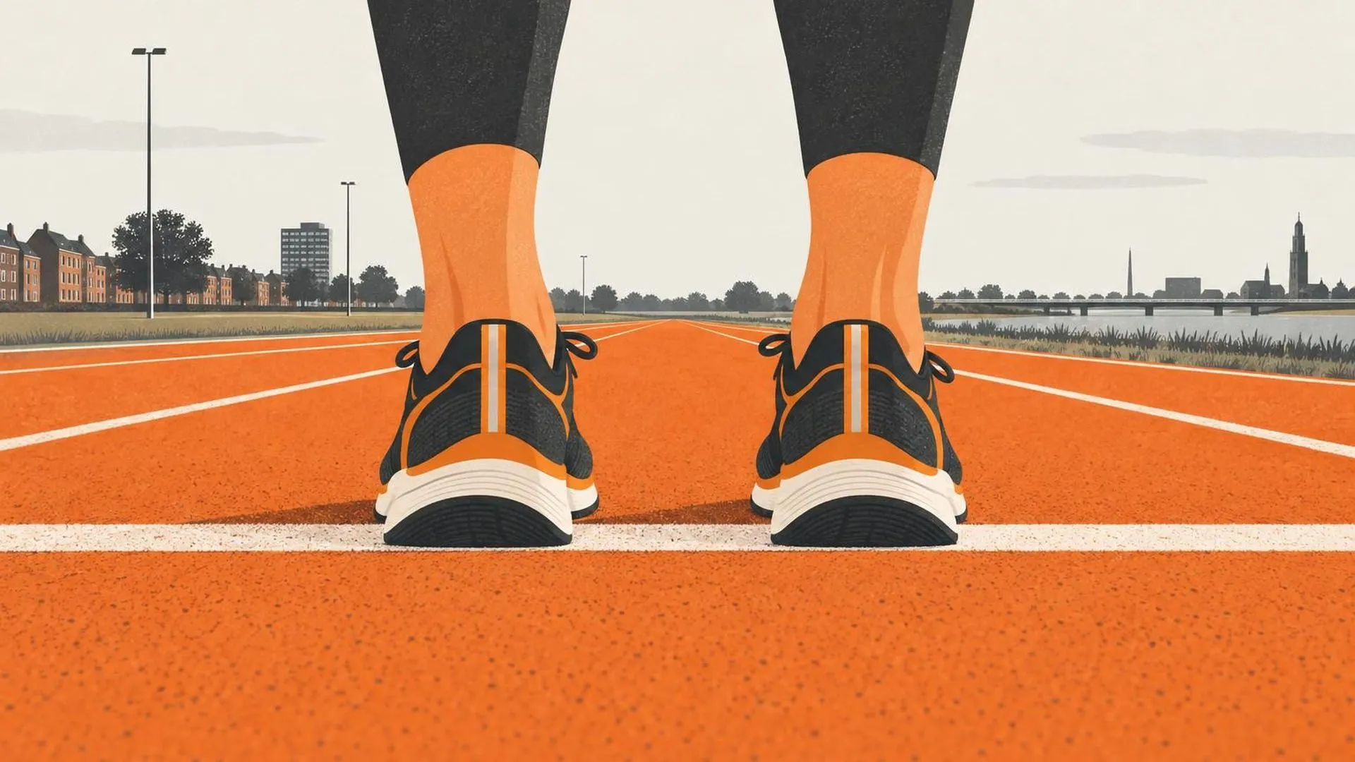 Een paar hardloopschoenen met perfect gestrikte veters, precies op de startlijn van een atletiekbaan.