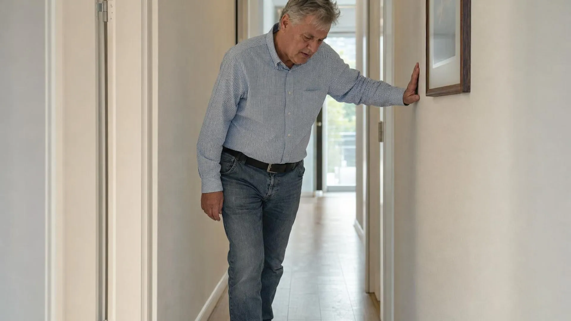 Persoon die zich vasthoudt aan de muur in een gang, stil en in zichzelf gekeerd