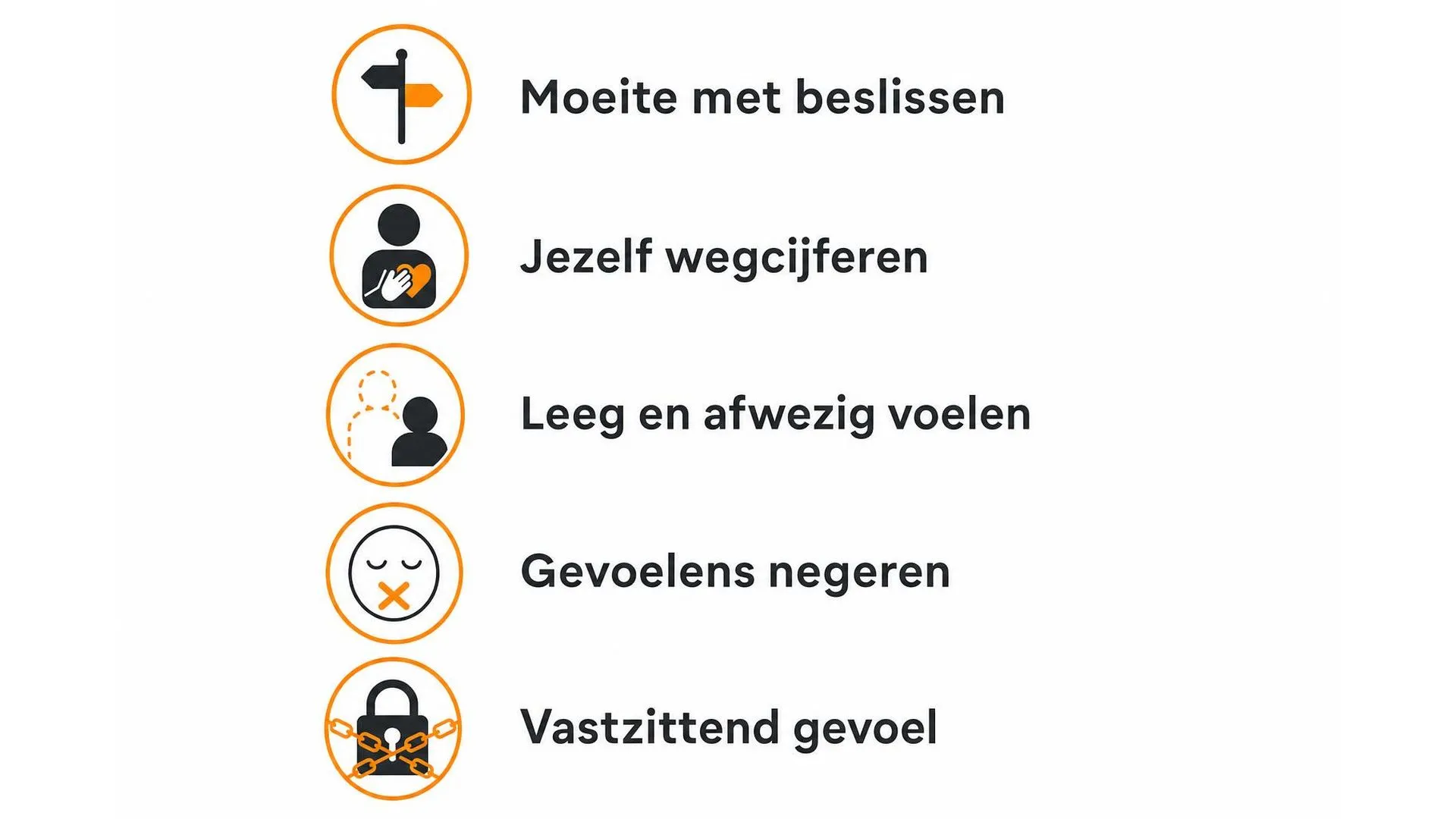 Vijf signalen van een chronische freeze: moeite met beslissen, jezelf wegcijferen, leeg voelen, gevoelens negeren, vastzittend gevoel