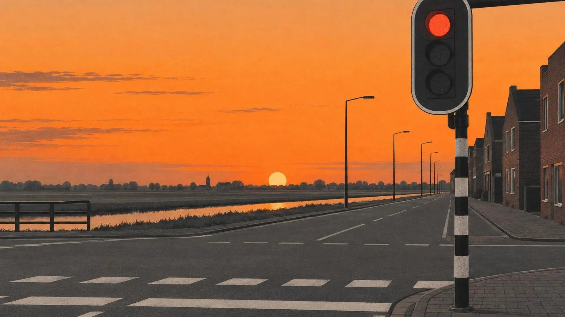 Een verkeerslicht op een stille Nederlandse straat dat in de schemering op rood blijft staan, zonder auto's in zicht.