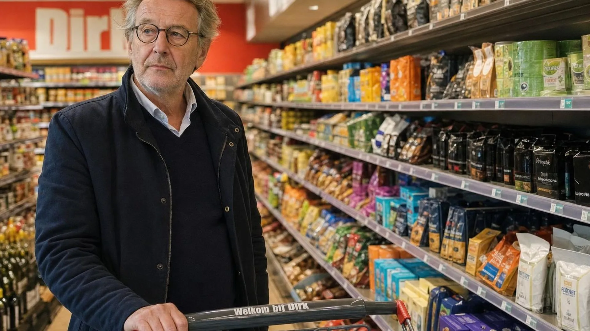 Persoon in supermarkt die even pauzeert, verzonken in gedachten