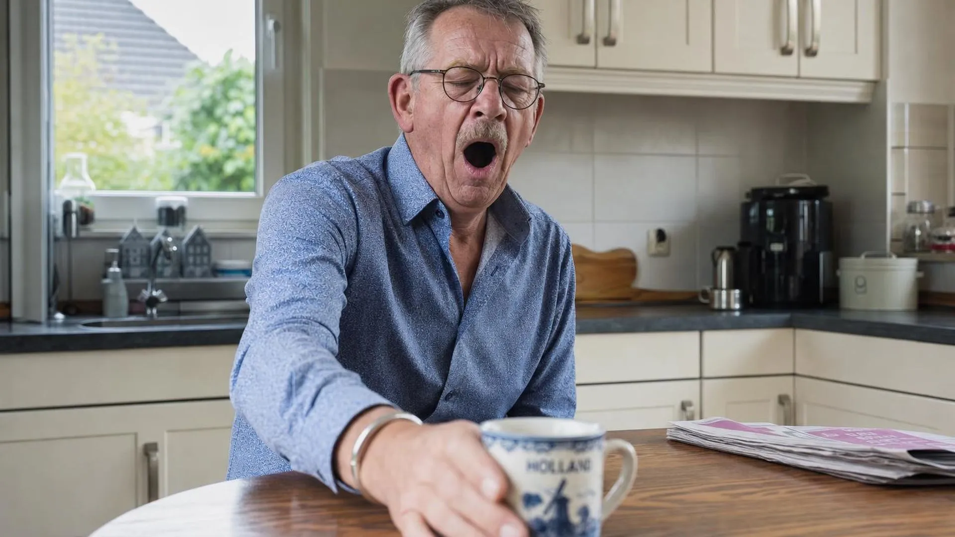 Persoon die gaapt bij het koffiezetten in de keuken overdag