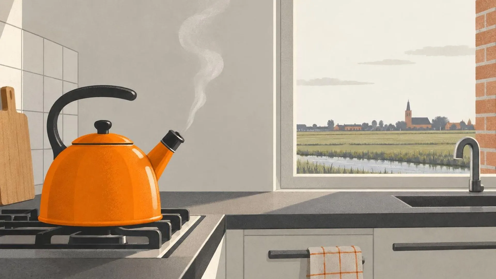 Een fluitketel op het aanrecht laat rustig een sliert stoom ontsnappen in een lege keuken.