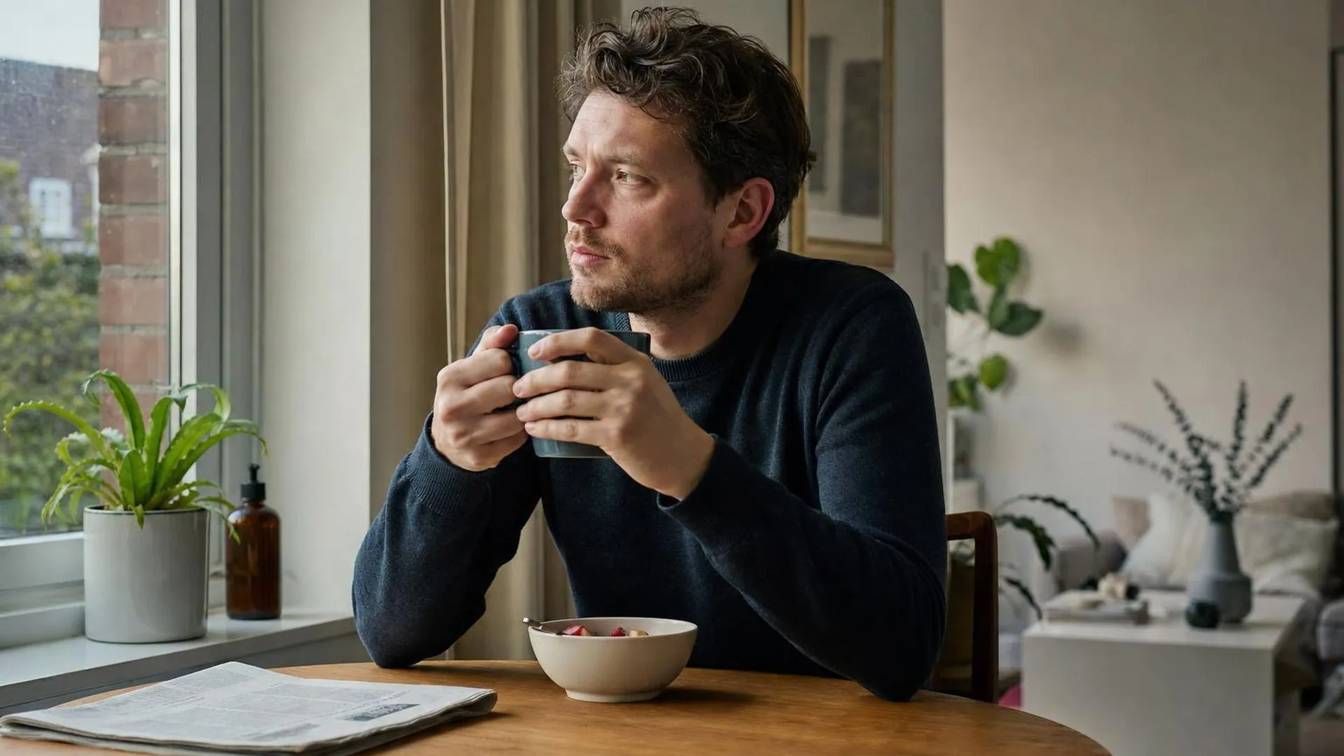Persoon zit vroeg in de ochtend aan tafel met een mok, in gedachten verzonken